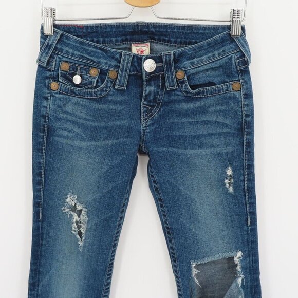 True Religion Women 26 Billy Big T Medium Wash Blue Distressed Torn Denim Jeans - Picture 2 of 16